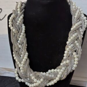 Elegant Silver and Pearl Braided Necklace